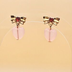 Gold Bow Pink Heart Drop Earrings | Cute Feminine Rhinestone Jewelry